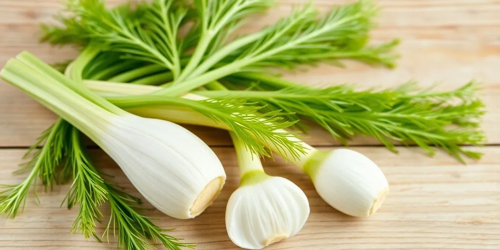 Bulbes et feuilles de fenouil frais sur une surface en bois.