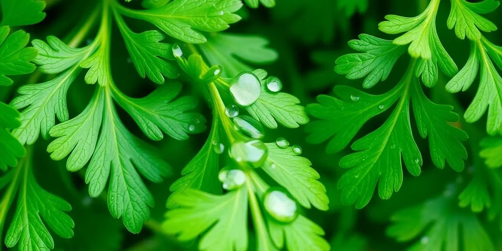 Feuilles de coriandre fraîches et éclatantes sur fond flou.