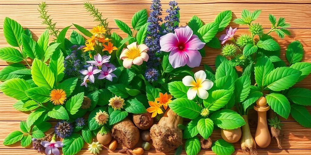 Illustration de plantes médicinales colorées et réalistes.