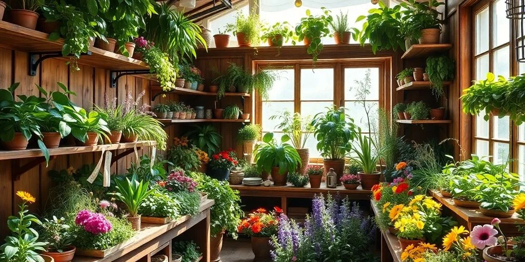 Atelier d'herboristerie avec des plantes médicinales colorées.