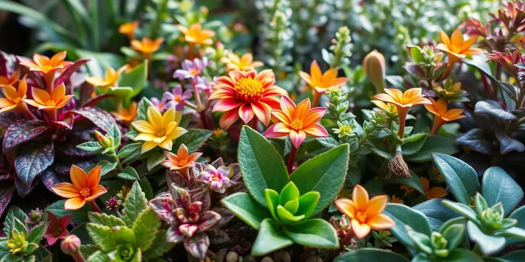 Une variété de plantes colorées et texturées.