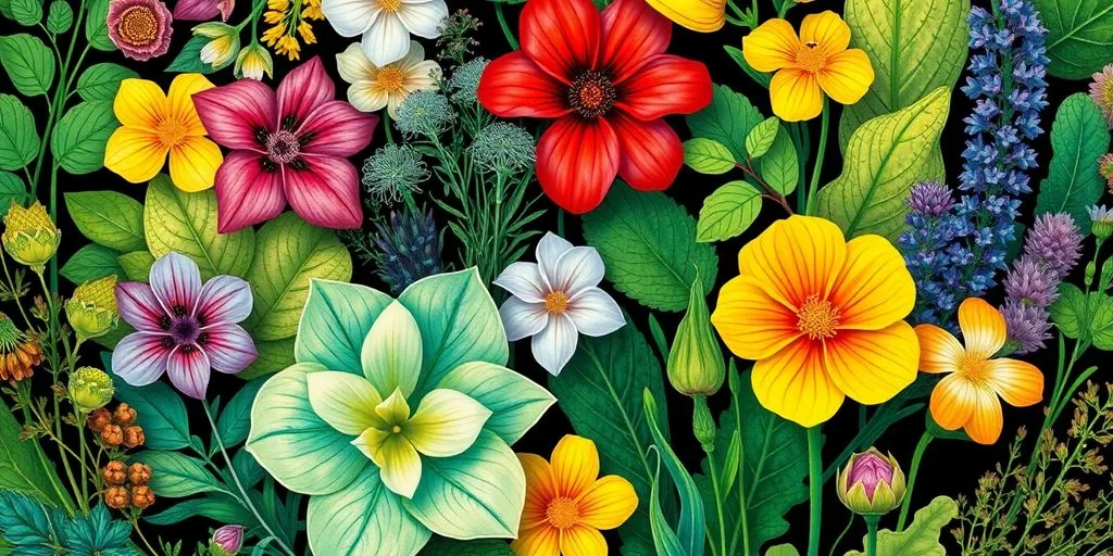 Différentes plantes colorées en une belle composition.