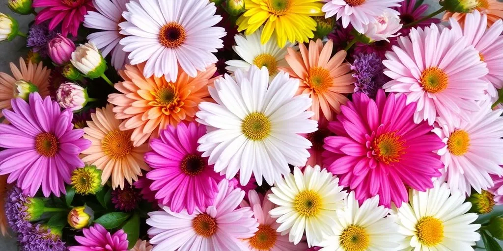 Arrangement de fleurs colorées et lumineuses.