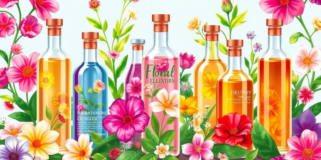 Bouteilles d'élixirs floraux entourées de fleurs fraîches.