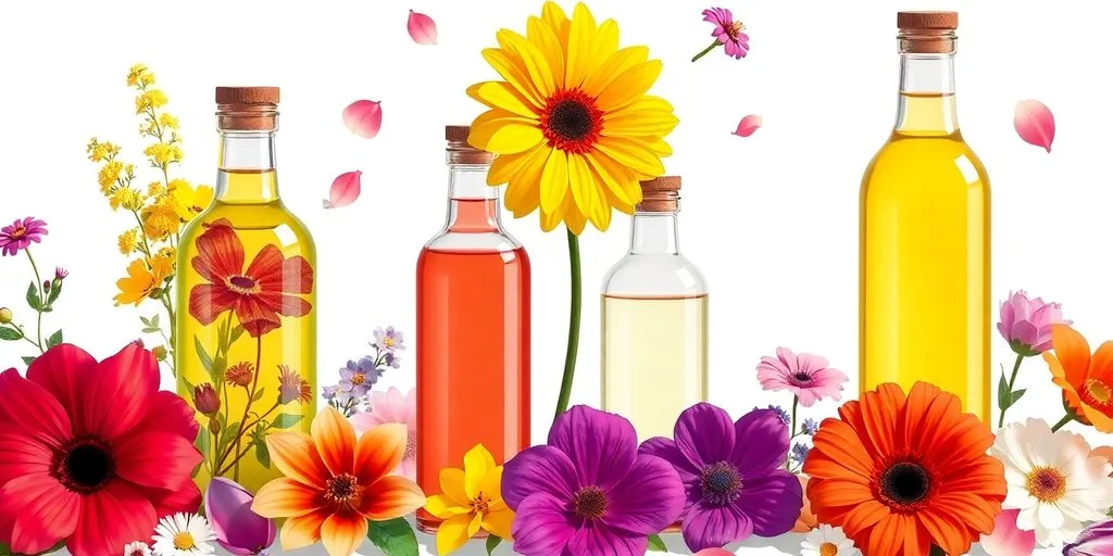 Illustration d'élixirs floraux colorés et apaisants.