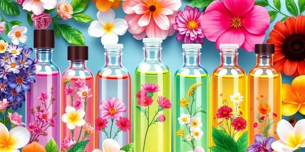 Bouteilles d'élixirs floraux entourées de fleurs fraîches.