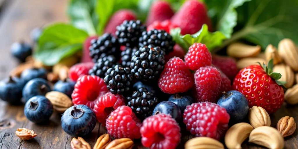 Aliments riches en antioxydants sur une table en bois.