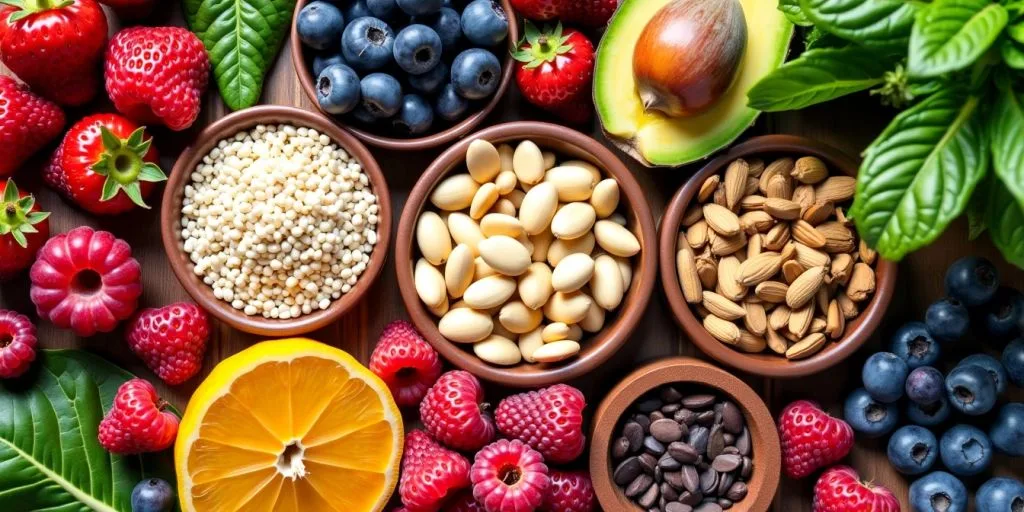 Assortiment de superaliments colorés et sains.