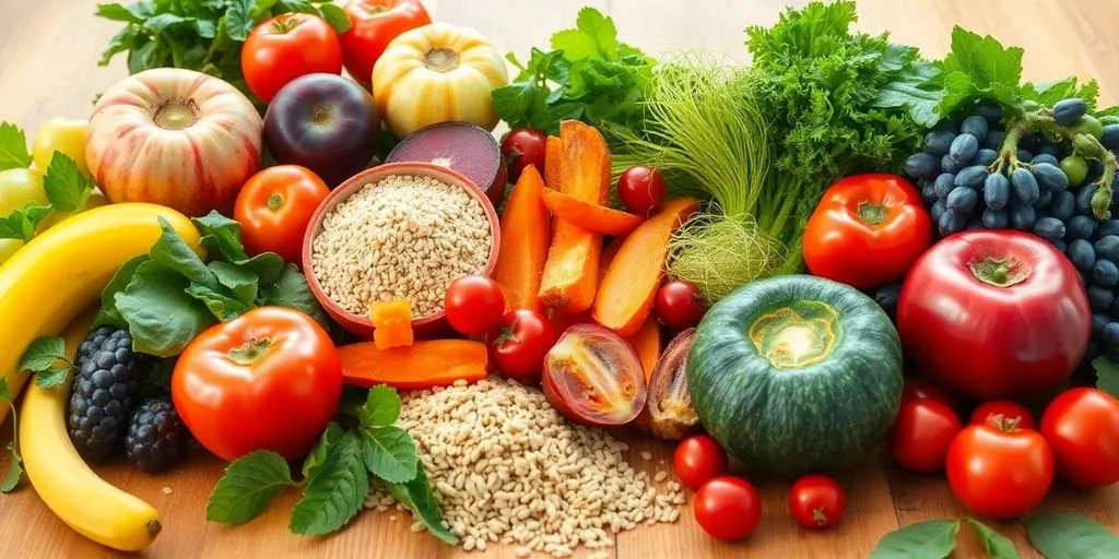 Variété colorée de fruits et légumes frais sur table.