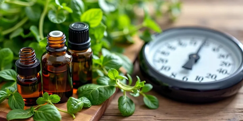 Bouteilles d'huiles essentielles et herbes fraîches.
