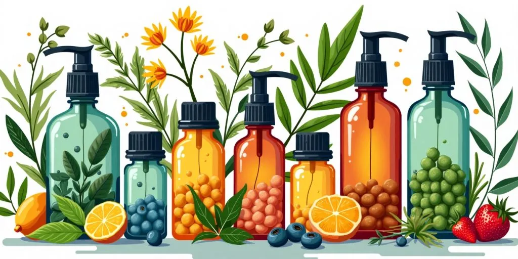 Illustration d'homéopathie avec remèdes naturels et herbes.
