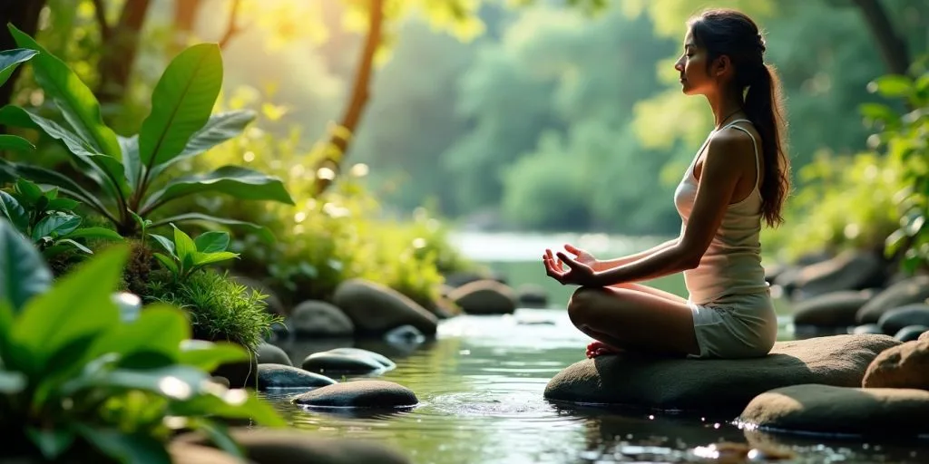 Scène naturelle avec une personne méditant.