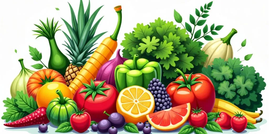 Illustration de fruits et légumes frais.