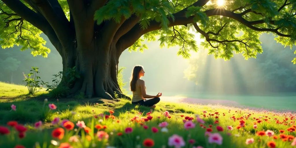 Personne méditant dans la nature, entourée de verdure.