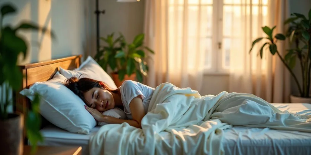 Personne dormant paisiblement dans une chambre lumineuse.