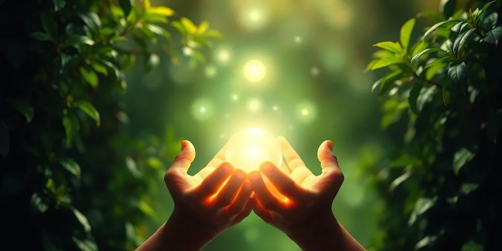 Mains tenant des orbes d'énergie lumineuse et apaisante.