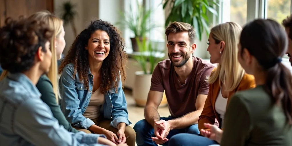 Groupe divers en cercle, échangeant des idées avec enthousiasme.