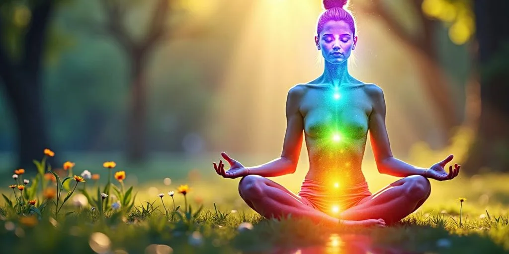 Personne méditant avec des chakras colorés autour.