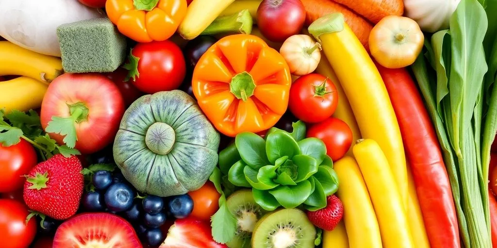 Variété de fruits et légumes frais en pleine lumière.