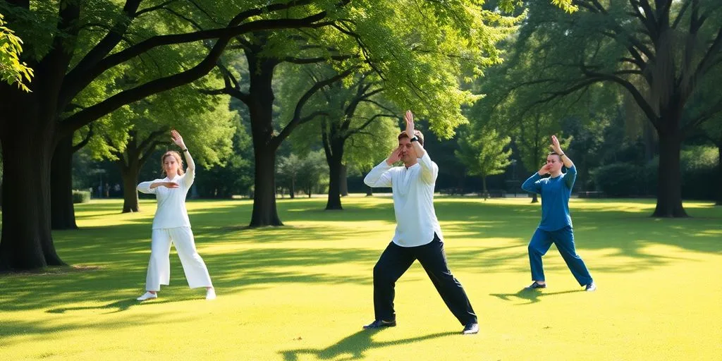 Personnes pratiquant le taï chi dans un parc paisible.