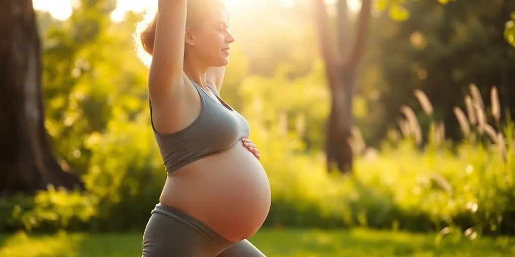 Femme enceinte faisant du yoga en pleine nature.