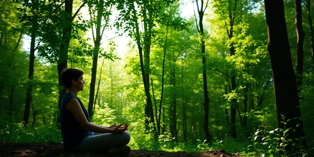 Personne méditant dans une forêt lumineuse et verdoyante.