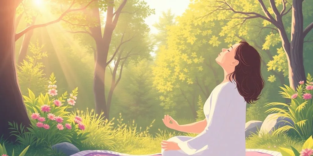 Personne respirant profondément dans un cadre naturel apaisant.