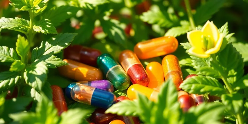 Capsules de microdosage entourées de plantes vertes.