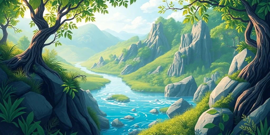 Paysages naturels et motifs géométriques en harmonie.