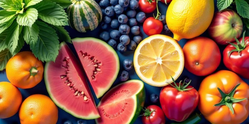 Illustration d'aliments représentant l'équilibre acido-basique.