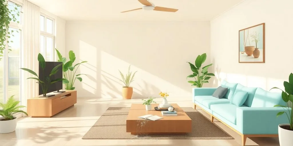 Espace de vie harmonieux avec des plantes et des meubles équilibrés.