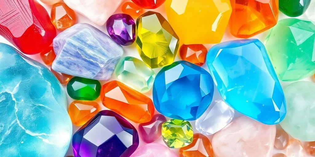 Arrangement de pierres et cristaux colorés et brillants.