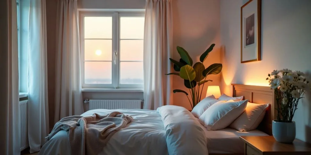 Chambre paisible avec lit confortable et lumière douce.