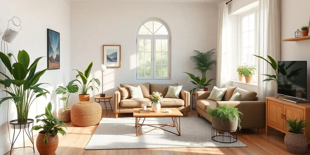 Espace de vie lumineux et harmonieux avec des plantes.