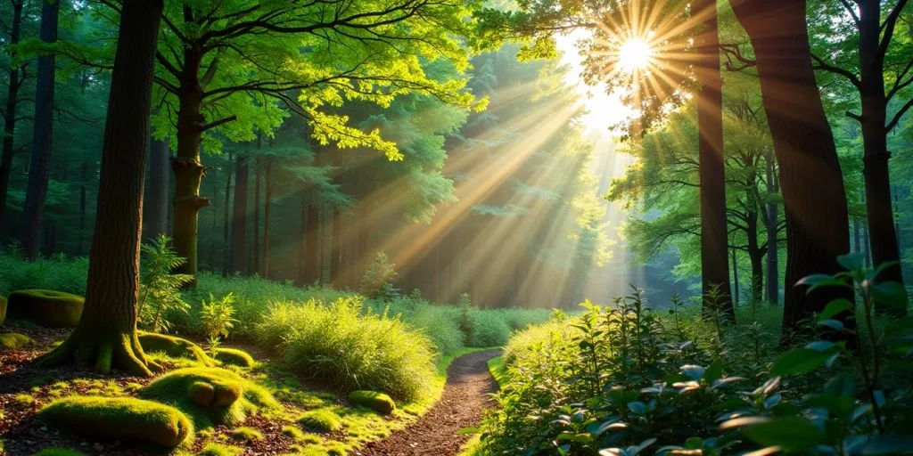 Forêt paisible avec lumière filtrant à travers les arbres.
